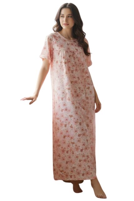 Peach Blossom Digital Print Imported Lycra Maxi Night Dress with Pocket