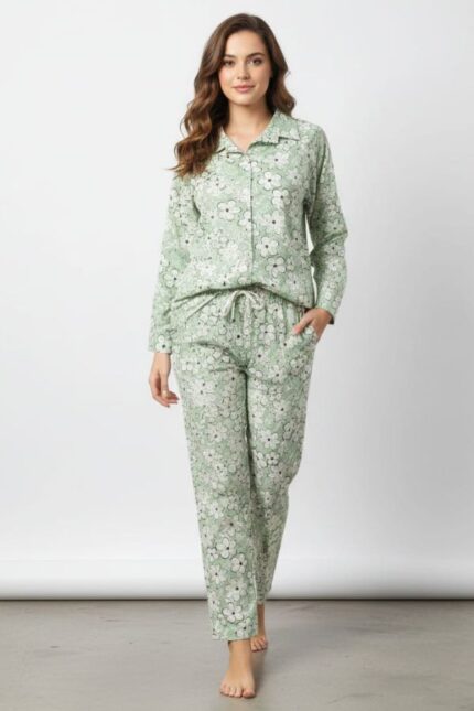 Mint Green Floral Poly Cotton Women's Co-Ord Set