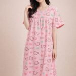 Women's Pink Bear Print Knee-Length Nightdress in Lycra