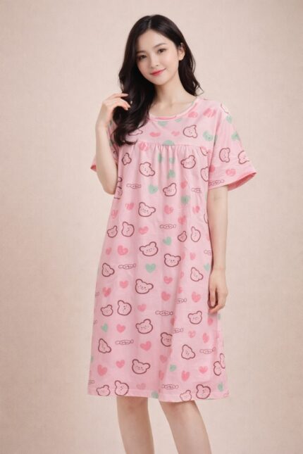 Women's Pink Bear Print Knee-Length Nightdress in Lycra