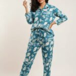 Teal Tropical Leaf Poly Cotton Women's Co-Ord Set