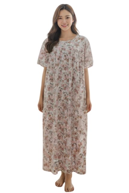 Vintage Rose Cream Imported Lycra Nightgown with Front Pocket