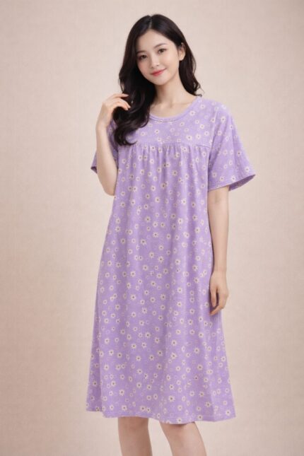 Women's Purple Daisy Floral Knee-Length Nightdress in Lycra