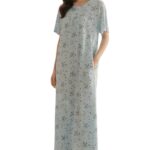 Serene Powder Blue Floral Lycra Maxi Sleepwear with Pocket