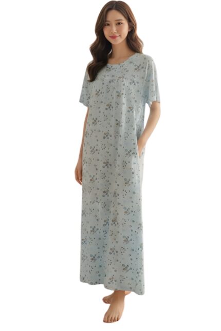 Serene Powder Blue Floral Lycra Maxi Sleepwear with Pocket
