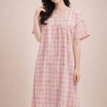 Women's Pink Plaid & Tulip Knee-Length Nightdress in Lycra
