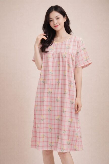 Women's Pink Plaid & Tulip Knee-Length Nightdress in Lycra