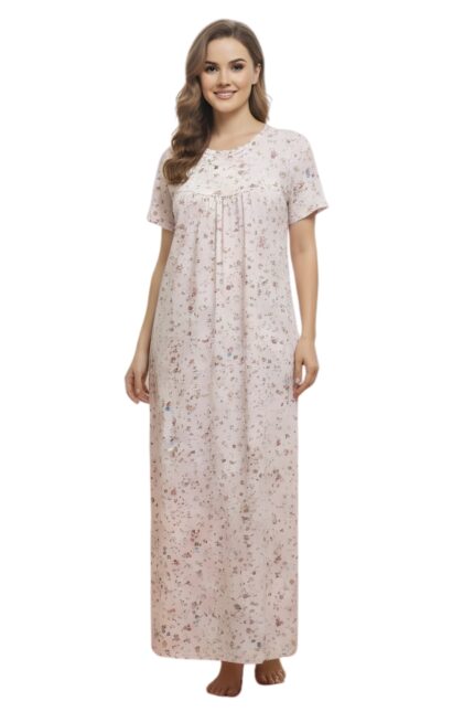 Soft Blush Pink Digital Print Lycra Night Dress (Sizes L-4XL)