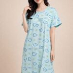 Women's Serene Blue Bear Print Knee-Length Nightdress in Lycra