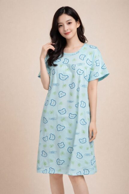 Women's Serene Blue Bear Print Knee-Length Nightdress in Lycra