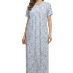 Ice Blue Botanical Print Imported Lycra Maxi Gown with Pocket