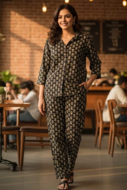 Midnight Black Block Print Style Women's Co-Ord Set