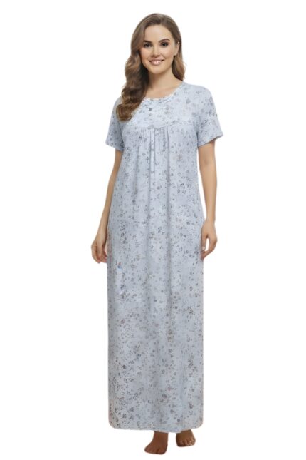 Ice Blue Botanical Print Imported Lycra Maxi Gown with Pocket