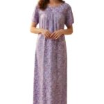 Lavender Bloom Digital Print Lycra Nightwear Dress with Pocket