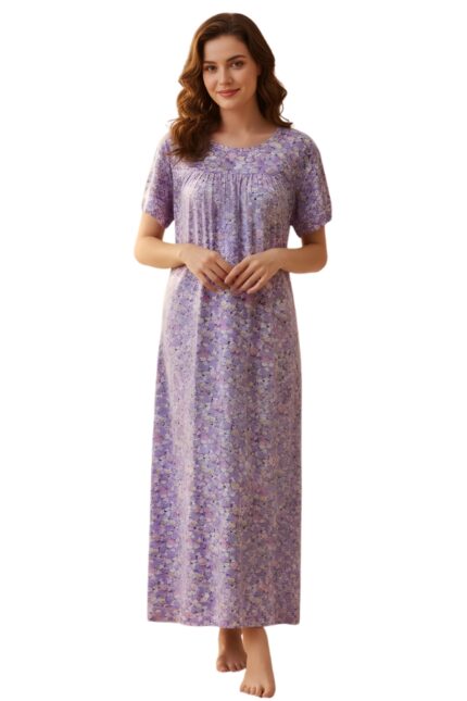 Lavender Bloom Digital Print Lycra Nightwear Dress with Pocket
