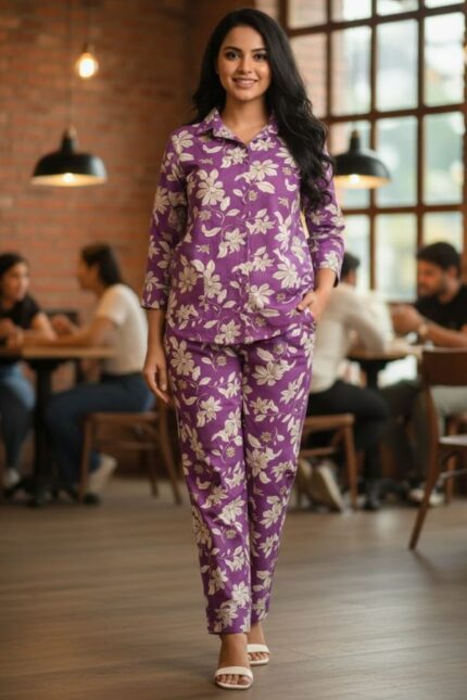 Deep Purple Botanical Floral Women's Co-Ord Set