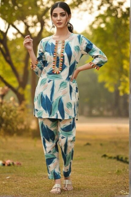 Aqua Tropical Leaf Co-Ord Set with Tassel Detailing
