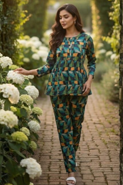 Emerald Geometric Leaf Poly Cotton Co-Ord Set