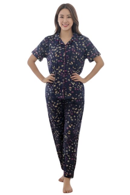 Navy Blossom Digital Print Night Suit