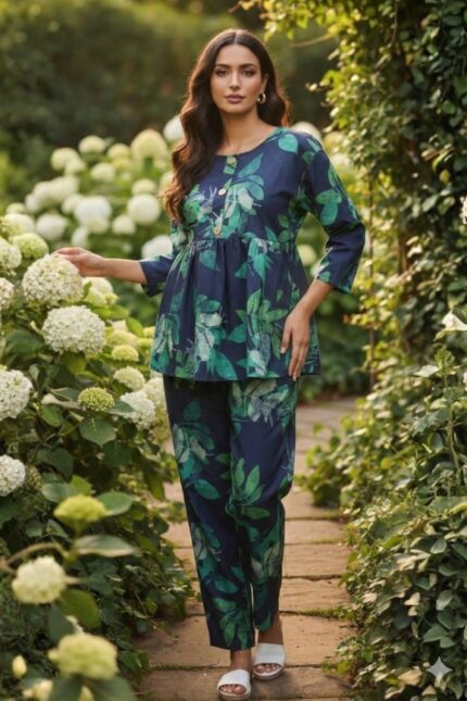 Navy Botanical Bloom Peplum Co-Ord Set