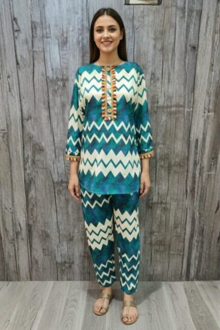 Teal & Cream Chevron Co-Ord Set with Tassel Detailing