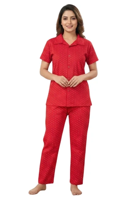 Vibrant Red Polka-Style Night Suit