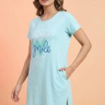 Women's Light Blue Cotton Long T-Shirt Dress - "Smile"