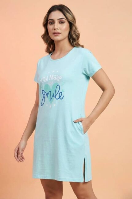 Women's Light Blue Cotton Long T-Shirt Dress - "Smile"