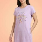 Women's Lilac Cotton Long T-Shirt Dress - "Fireworks"