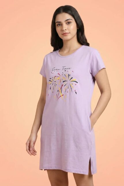 Women's Lilac Cotton Long T-Shirt Dress - "Fireworks"