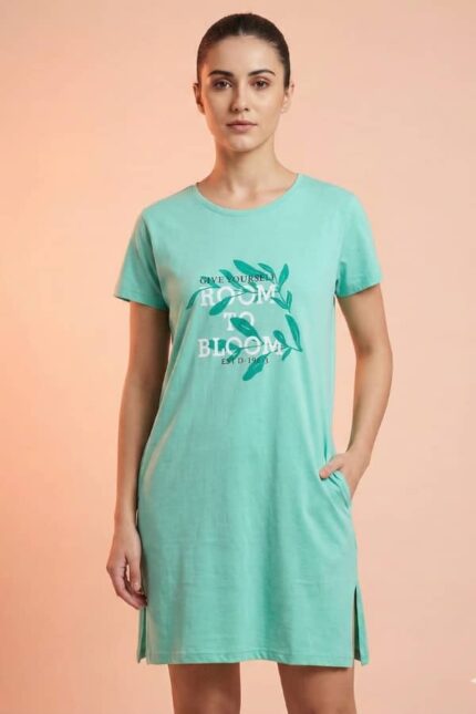 Women's Mint Green Cotton Long T-Shirt Dress - "Bloom"