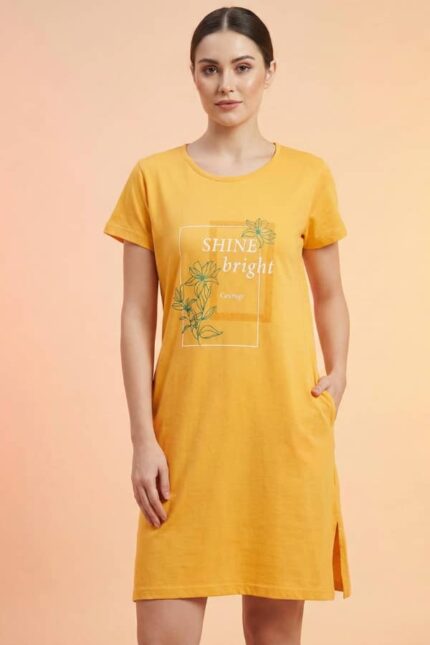 Women's Mustard Yellow Cotton Long T-Shirt Dress - "Shine Bright"
