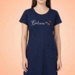 Women's Navy Blue Cotton Long T-Shirt Dress - "Believe"