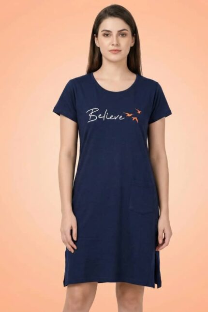 Women's Navy Blue Cotton Long T-Shirt Dress - "Believe"