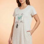 Women's Oatmeal Grey Cotton Long T-Shirt Dress - "Feel The Joy"