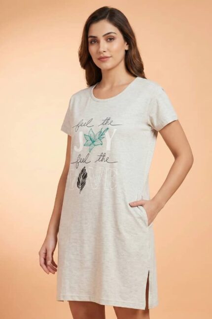 Women's Oatmeal Grey Cotton Long T-Shirt Dress - "Feel The Joy"