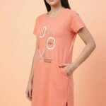 Women's Peach Cotton Long T-Shirt Dress - "Joy To The World"