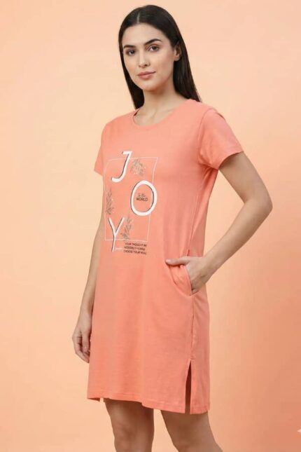 Women's Peach Cotton Long T-Shirt Dress - "Joy To The World"