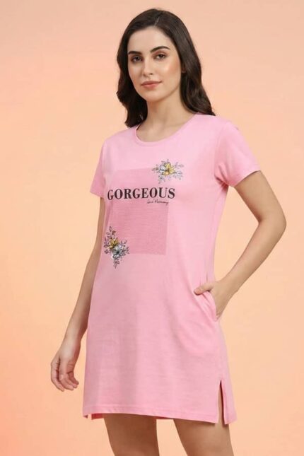 Women's Pink Cotton Long T-Shirt Dress - "Gorgeous"