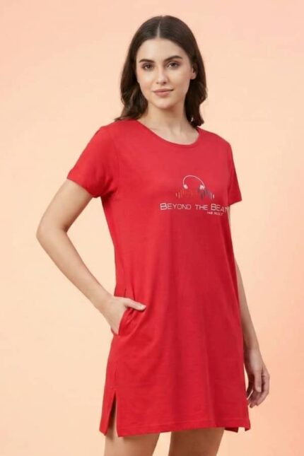 Women's Red Cotton Long T-Shirt Dress - "Beyond The Beat"