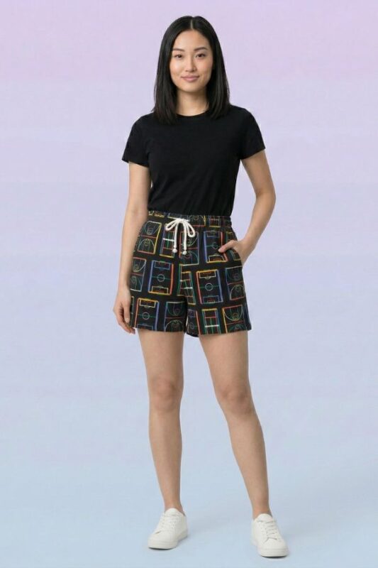 Unique black shorts with neon sports court outlines, made of soft hosiery cotton for gym or home.