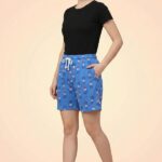 Vivid blue shorts with red, white, and blue popsicle patterns, featuring functional side pockets.