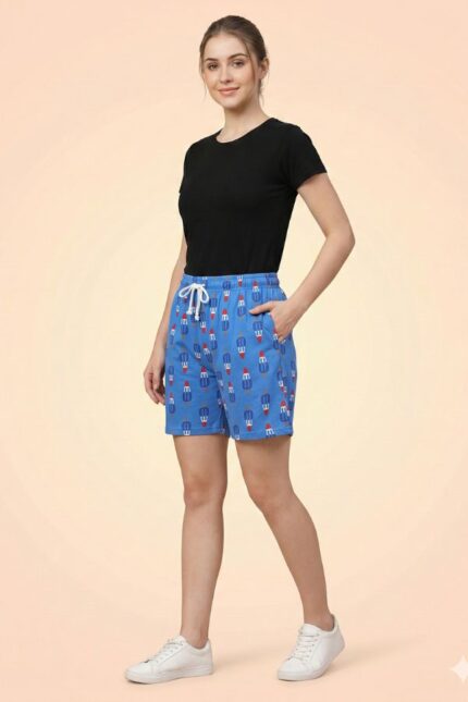 Vivid blue shorts with red, white, and blue popsicle patterns, featuring functional side pockets.