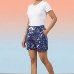 Navy blue comfortable cotton shorts for women with vibrant red and white fireworks design.