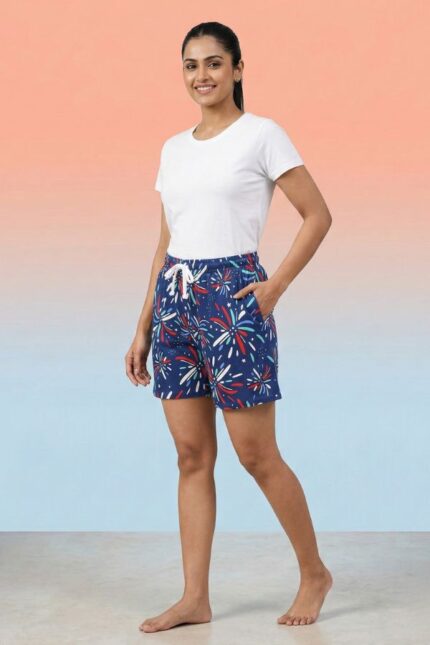 Navy blue comfortable cotton shorts for women with vibrant red and white fireworks design.