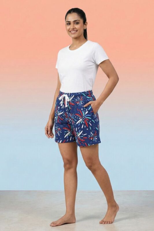 Navy blue comfortable cotton shorts for women with vibrant red and white fireworks design.