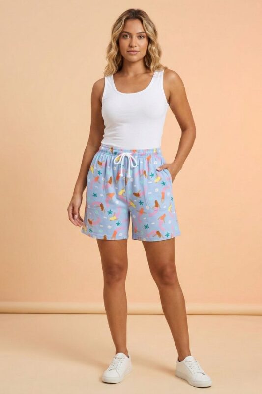 Summer-style light blue shorts with mermaid and starfish prints for women, hosiery cotton fabric.