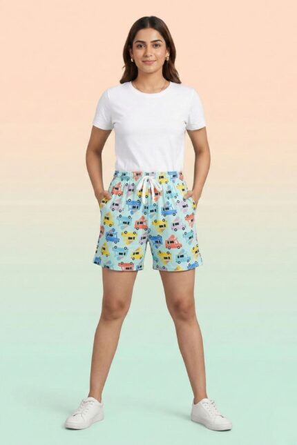 Quirky mint green lounge shorts featuring colorful ice cream and food truck illustrations.
