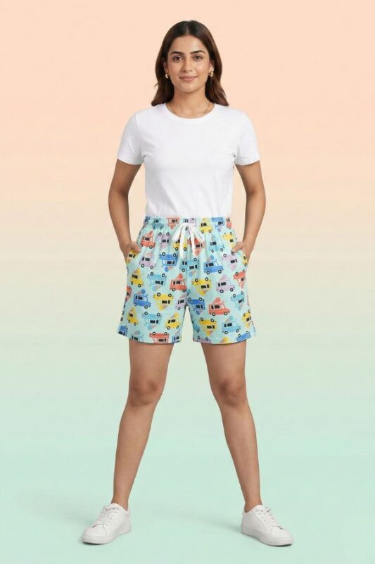Quirky mint green lounge shorts featuring colorful ice cream and food truck illustrations.
