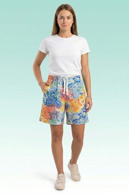 Vibrant paisley and mandala pattern women's hosiery cotton shorts with elastic waist.